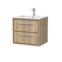 Hudson Reed Lille 600mm Wall Hung 2 - drawer Vanity With Basin - 1 Tap Hole Contemp Bleached Oak MFC Textured Woodgrain,vitreous China 557x610x557mm - JJ Building Materials