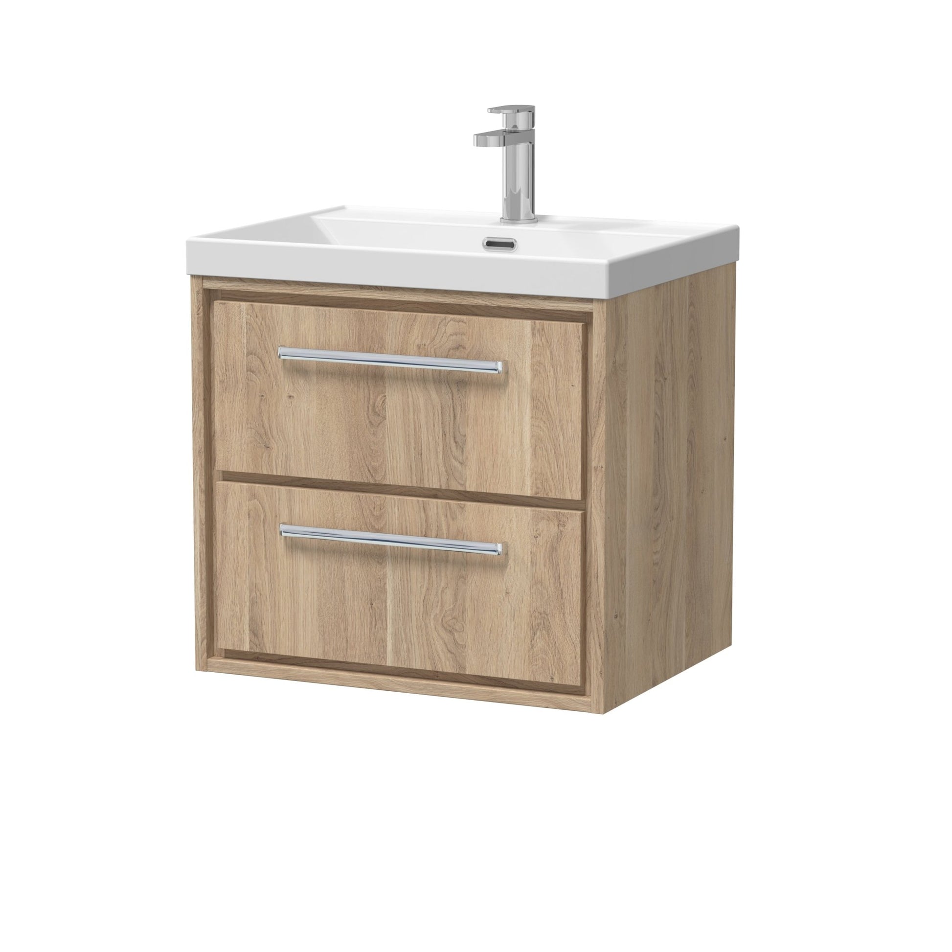 Hudson Reed Lille 600mm Wall Hung 2 - drawer Vanity With Basin - 1 Tap Hole Contemp Bleached Oak MFC Textured Woodgrain,vitreous China 589x610x460mm - JJ Building Materials