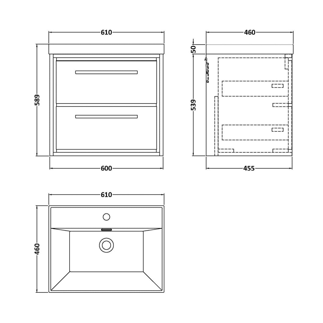 Hudson Reed Lille 600mm Wall Hung 2-drawer Vanity With Basin - 1 Tap Hole Contemp Bleached Oak MFC Textured Woodgrain,vitreous China 589x610x460mm - JJ Building Materials
