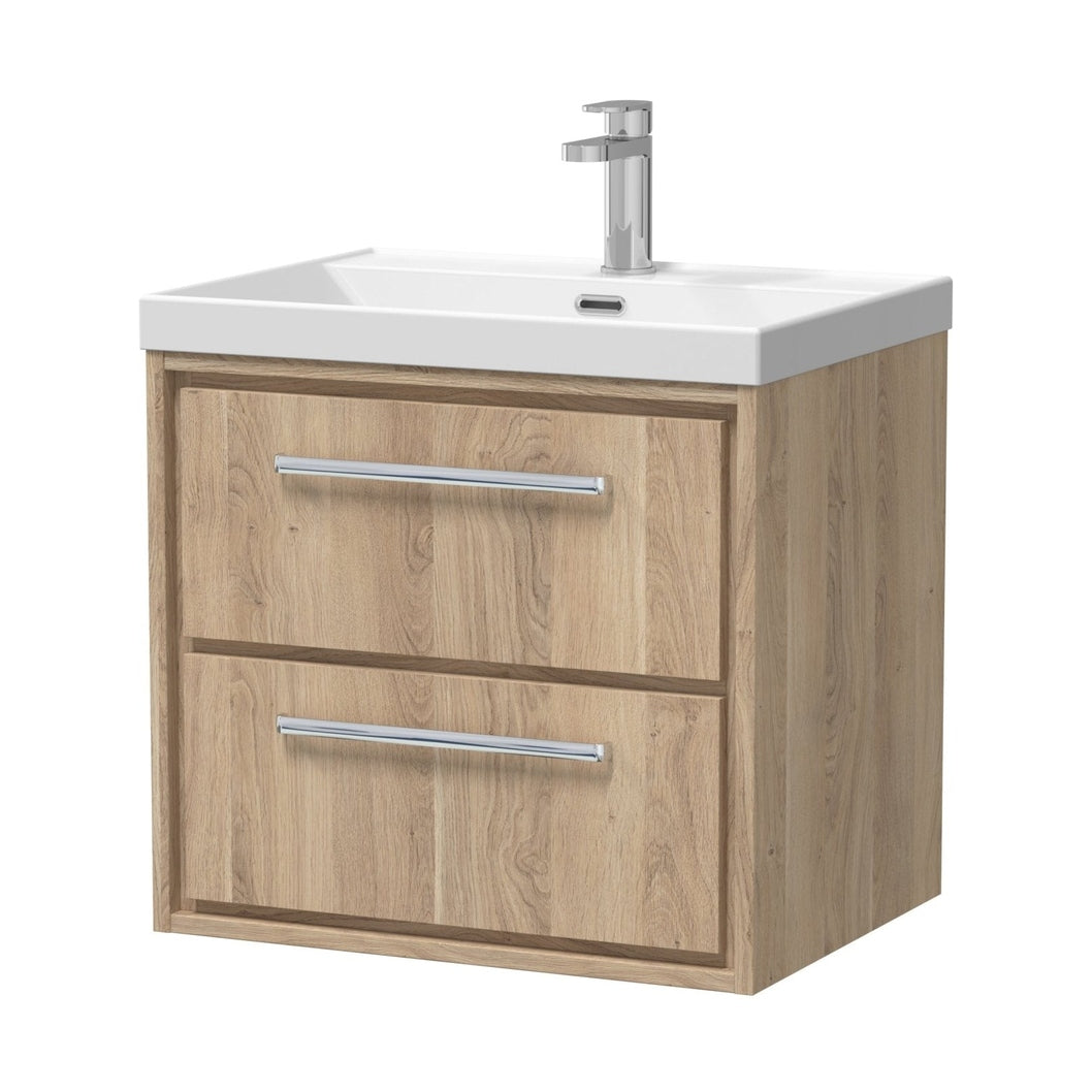 Hudson Reed Lille 600mm Wall Hung 2-drawer Vanity With Basin - 1 Tap Hole Contemp Bleached Oak MFC Textured Woodgrain,vitreous China 589x610x460mm - JJ Building Materials