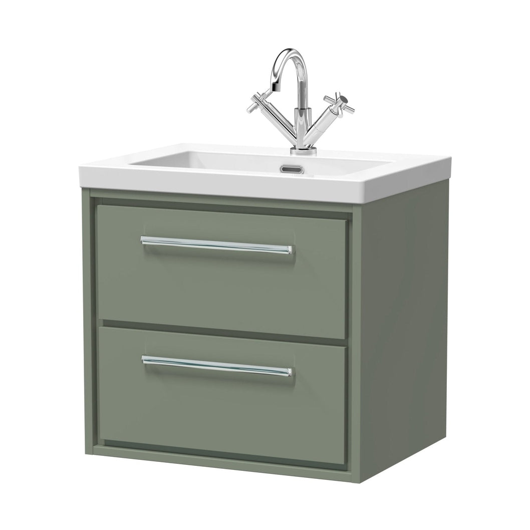 Hudson Reed Lille 600mm Wall Hung 2-drawer Vanity With Basin - 1 Tap Hole Contemp Fern Green Fireclay,MFC Smooth Matt 584x613x462mm - JJ Building Materials