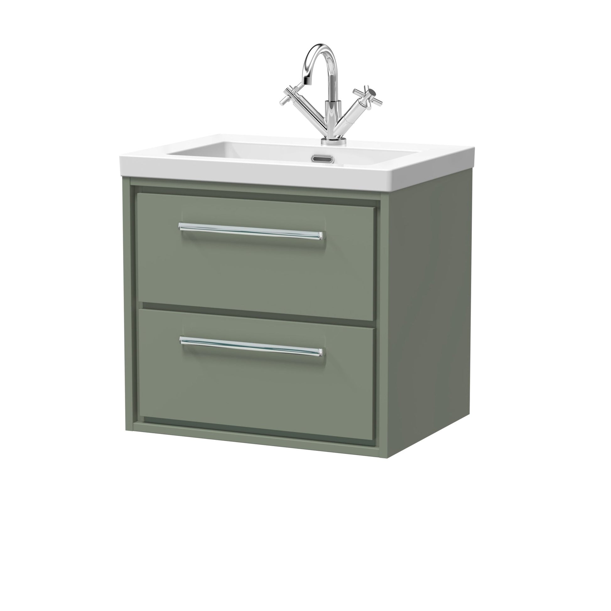 Hudson Reed Lille 600mm Wall Hung 2 - drawer Vanity With Basin - 1 Tap Hole Contemp Fern Green Fireclay,MFC Smooth Matt 584x613x462mm - JJ Building Materials