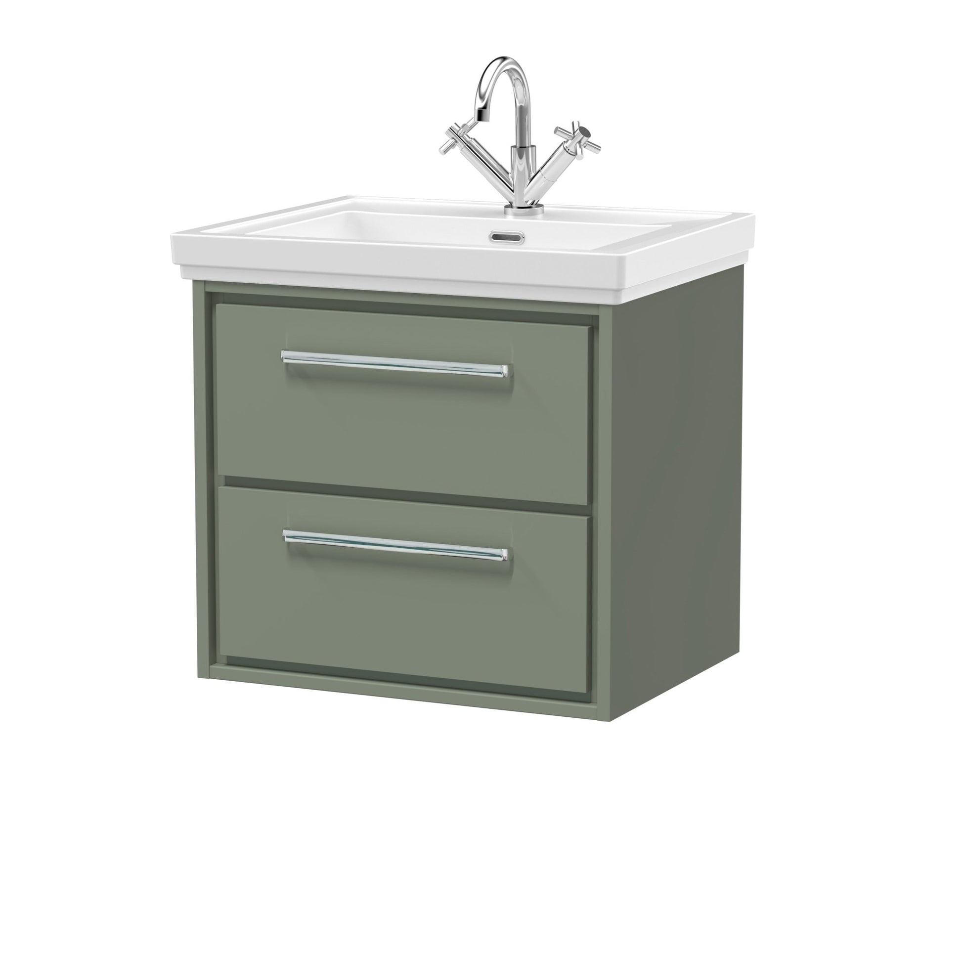 Hudson Reed Lille 600mm Wall Hung 2 - drawer Vanity With Basin - 1 Tap Hole Contemp Fern Green Fireclay,MFC Smooth Matt 605x630x471mm - JJ Building Materials