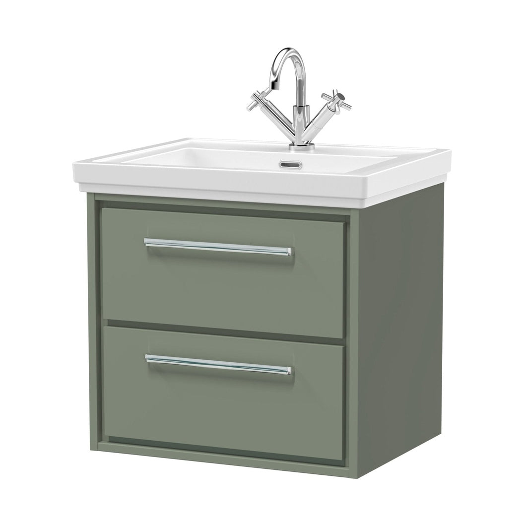 Hudson Reed Lille 600mm Wall Hung 2-drawer Vanity With Basin - 1 Tap Hole Contemp Fern Green Fireclay,MFC Smooth Matt 605x630x471mm - JJ Building Materials