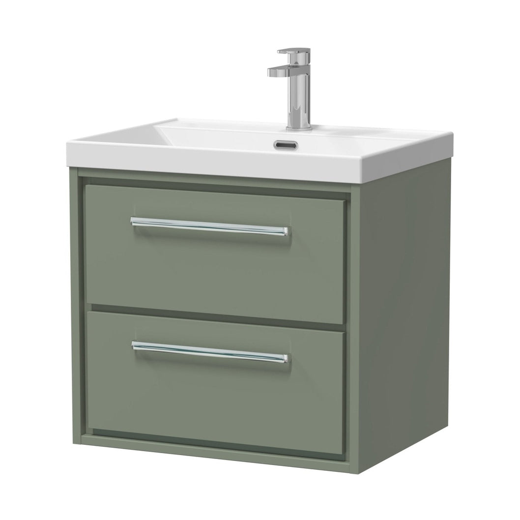 Hudson Reed Lille 600mm Wall Hung 2-drawer Vanity With Basin - 1 Tap Hole Contemp Fern Green MFC Smooth Matt,vitreous China 589x610x460mm - JJ Building Materials