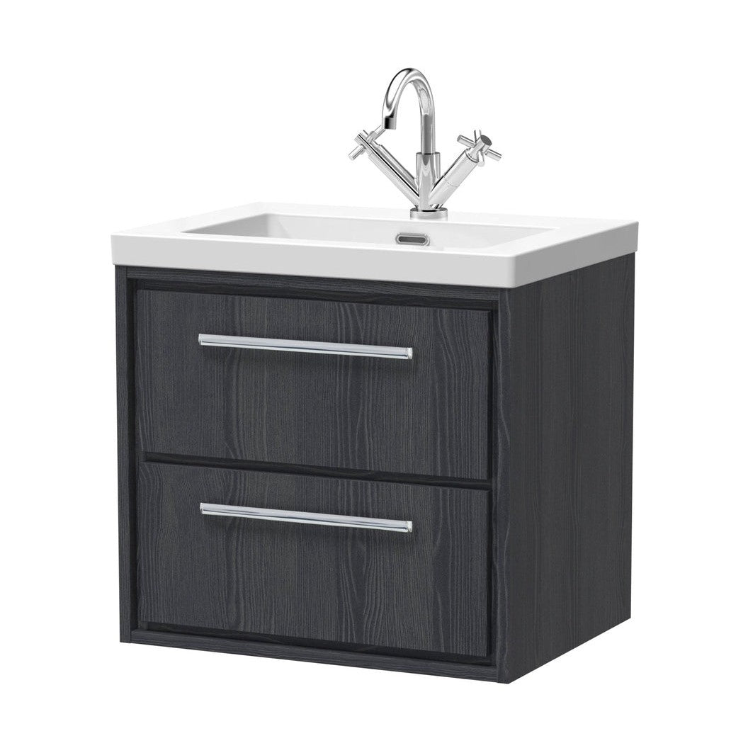 Hudson Reed Lille 600mm Wall Hung 2-drawer Vanity With Basin - 1 Tap Hole Contemp Graphite Grey Woodgrain Fireclay,MFC Textured Woodgrain 584x613x462mm - JJ Building Materials