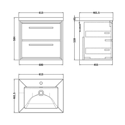 Hudson Reed Lille 600mm Wall Hung 2-drawer Vanity With Basin - 1 Tap Hole Contemp Graphite Grey Woodgrain Fireclay,MFC Textured Woodgrain 584x613x462mm - JJ Building Materials