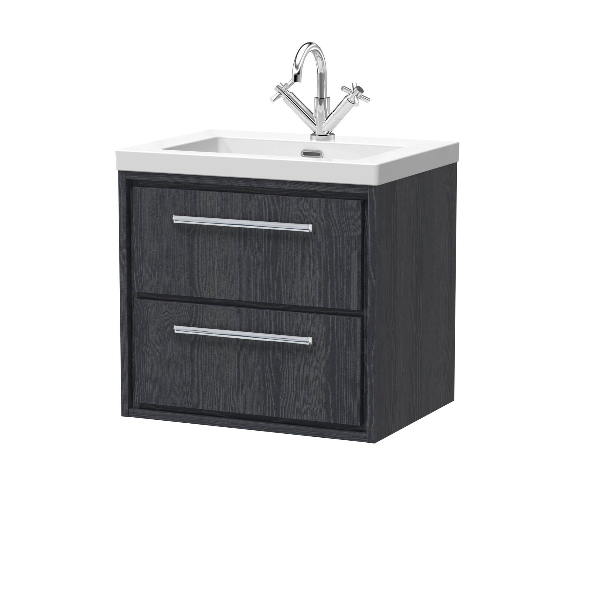 Hudson Reed Lille 600mm Wall Hung 2 - drawer Vanity With Basin - 1 Tap Hole Contemp Graphite Grey Woodgrain Fireclay,MFC Textured Woodgrain 584x613x462mm - JJ Building Materials