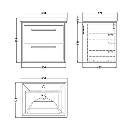 Hudson Reed Lille 600mm Wall Hung 2-drawer Vanity With Basin - 1 Tap Hole Contemp Graphite Grey Woodgrain Fireclay,MFC Textured Woodgrain 605x630x471mm - JJ Building Materials
