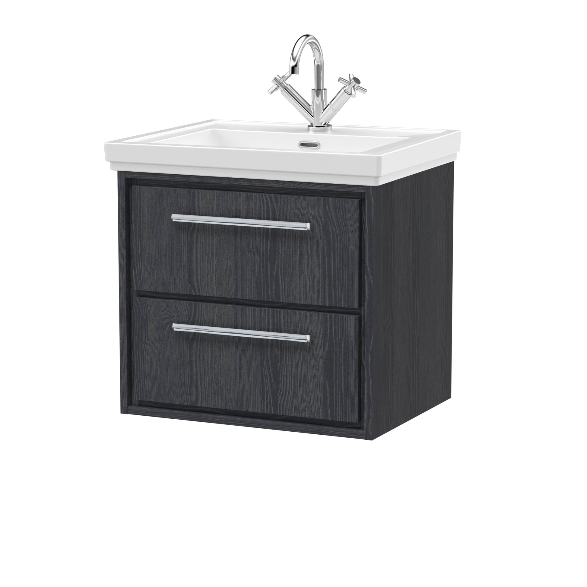 Hudson Reed Lille 600mm Wall Hung 2 - drawer Vanity With Basin - 1 Tap Hole Contemp Graphite Grey Woodgrain Fireclay,MFC Textured Woodgrain 605x630x471mm - JJ Building Materials