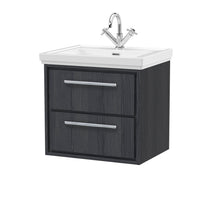 Hudson Reed Lille 600mm Wall Hung 2 - drawer Vanity With Basin - 1 Tap Hole Contemp Graphite Grey Woodgrain Fireclay,MFC Textured Woodgrain 605x630x471mm - JJ Building Materials
