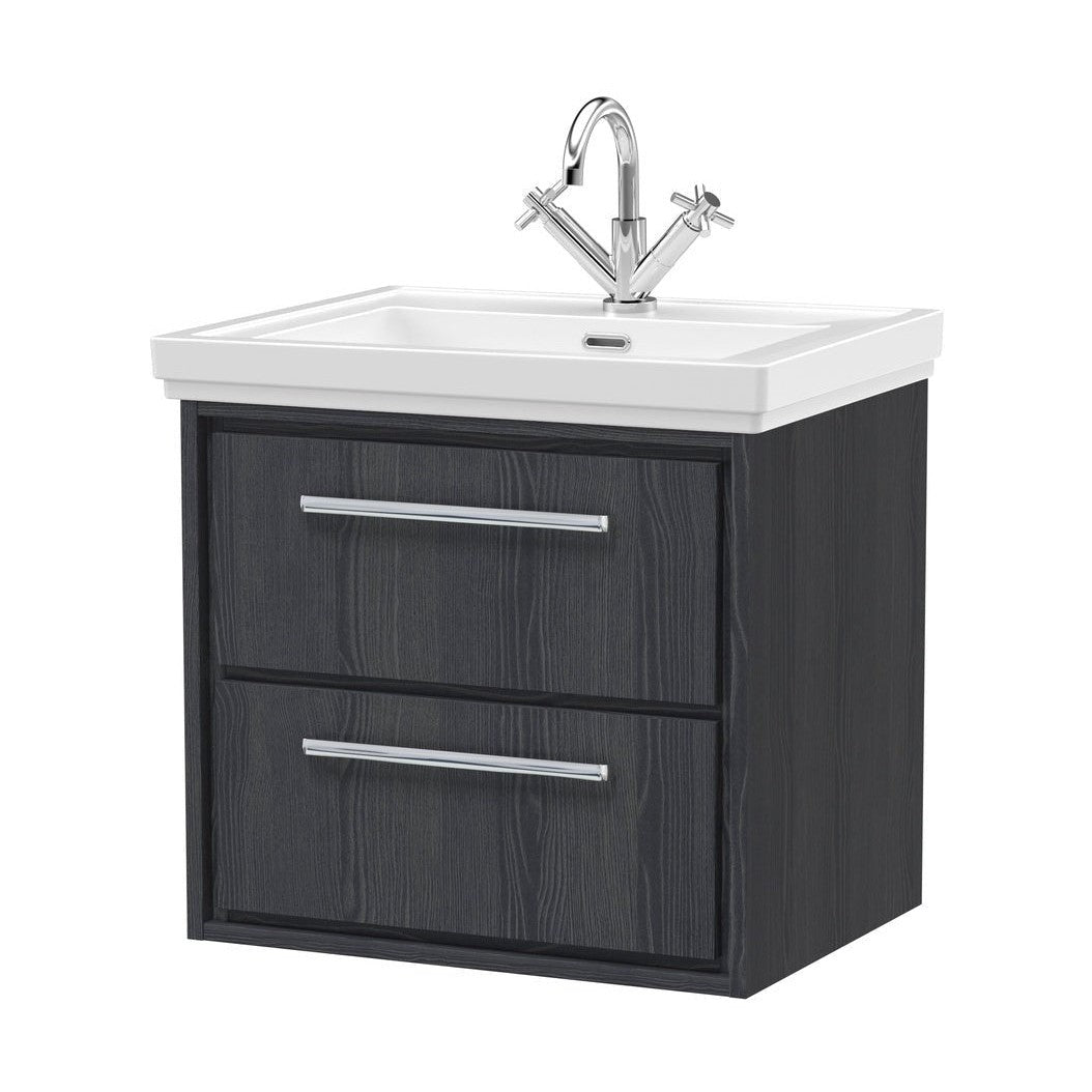 Hudson Reed Lille 600mm Wall Hung 2-drawer Vanity With Basin - 1 Tap Hole Contemp Graphite Grey Woodgrain Fireclay,MFC Textured Woodgrain 605x630x471mm - JJ Building Materials