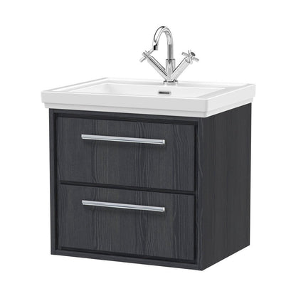 Hudson Reed Lille 600mm Wall Hung 2-drawer Vanity With Basin - 1 Tap Hole Contemp Graphite Grey Woodgrain Fireclay,MFC Textured Woodgrain 605x630x471mm - JJ Building Materials