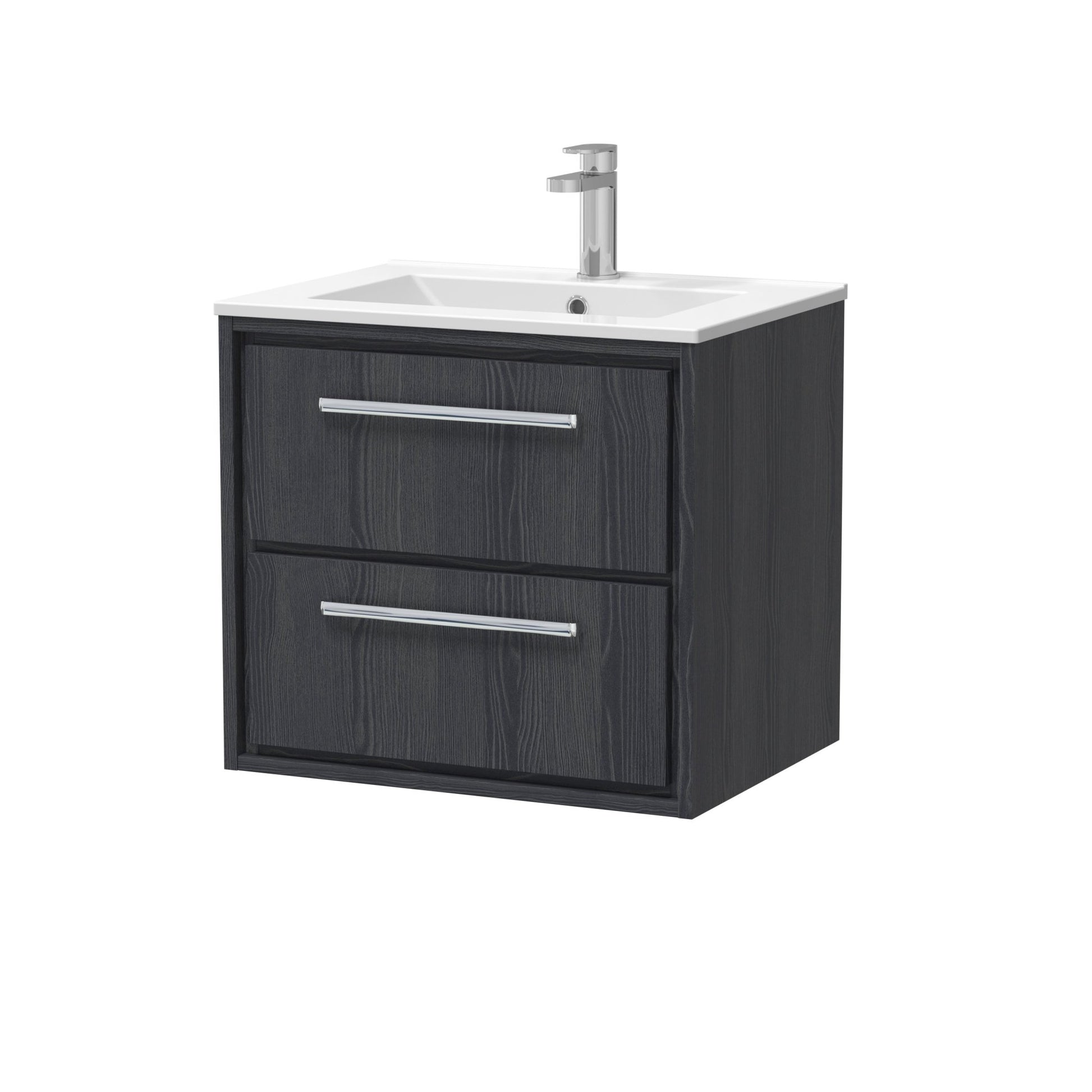 Hudson Reed Lille 600mm Wall Hung 2 - drawer Vanity With Basin - 1 Tap Hole Contemp Graphite Grey Woodgrain MFC Textured Woodgrain,vitreous China 557x610x557mm - JJ Building Materials