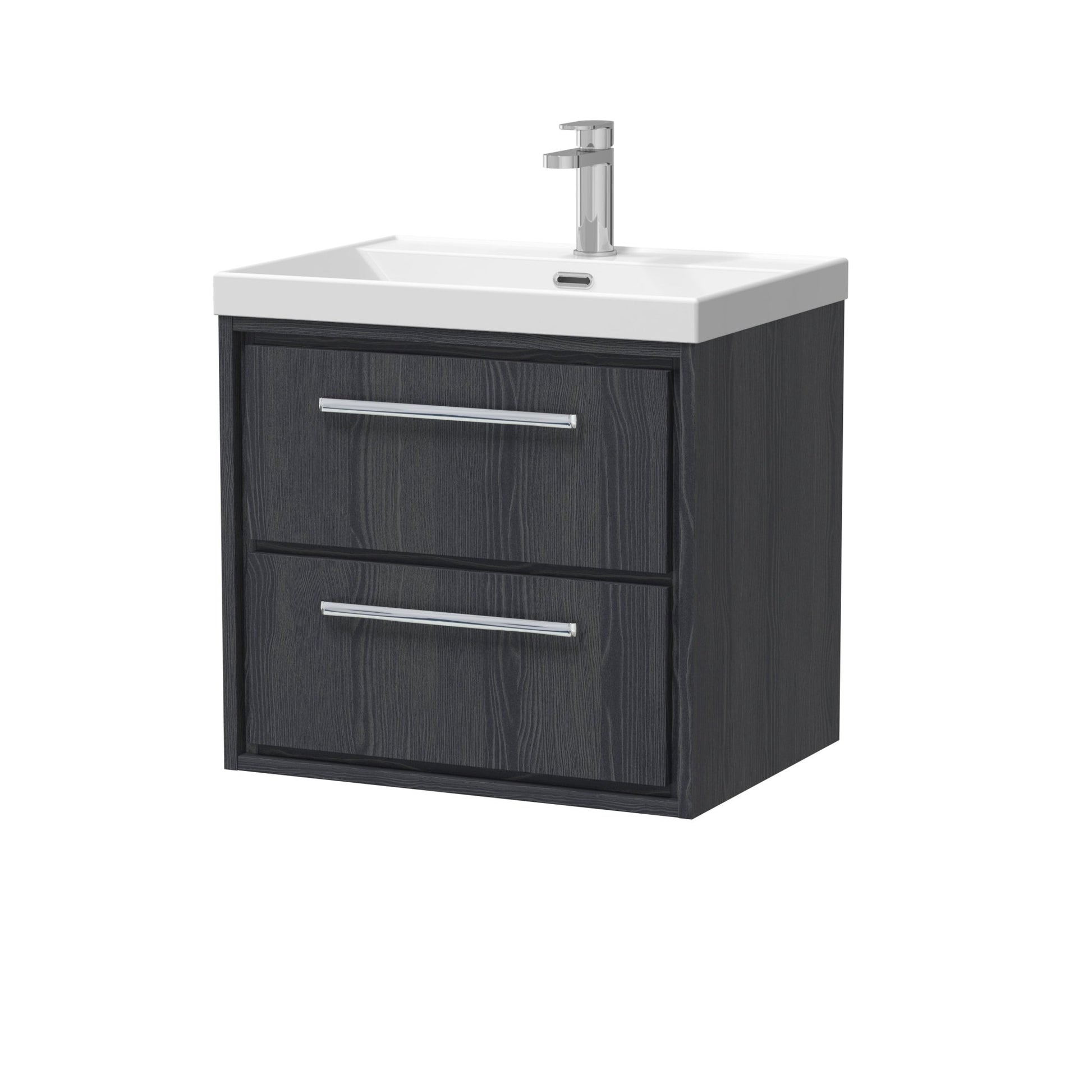 Hudson Reed Lille 600mm Wall Hung 2 - drawer Vanity With Basin - 1 Tap Hole Contemp Graphite Grey Woodgrain MFC Textured Woodgrain,vitreous China 589x610x460mm - JJ Building Materials