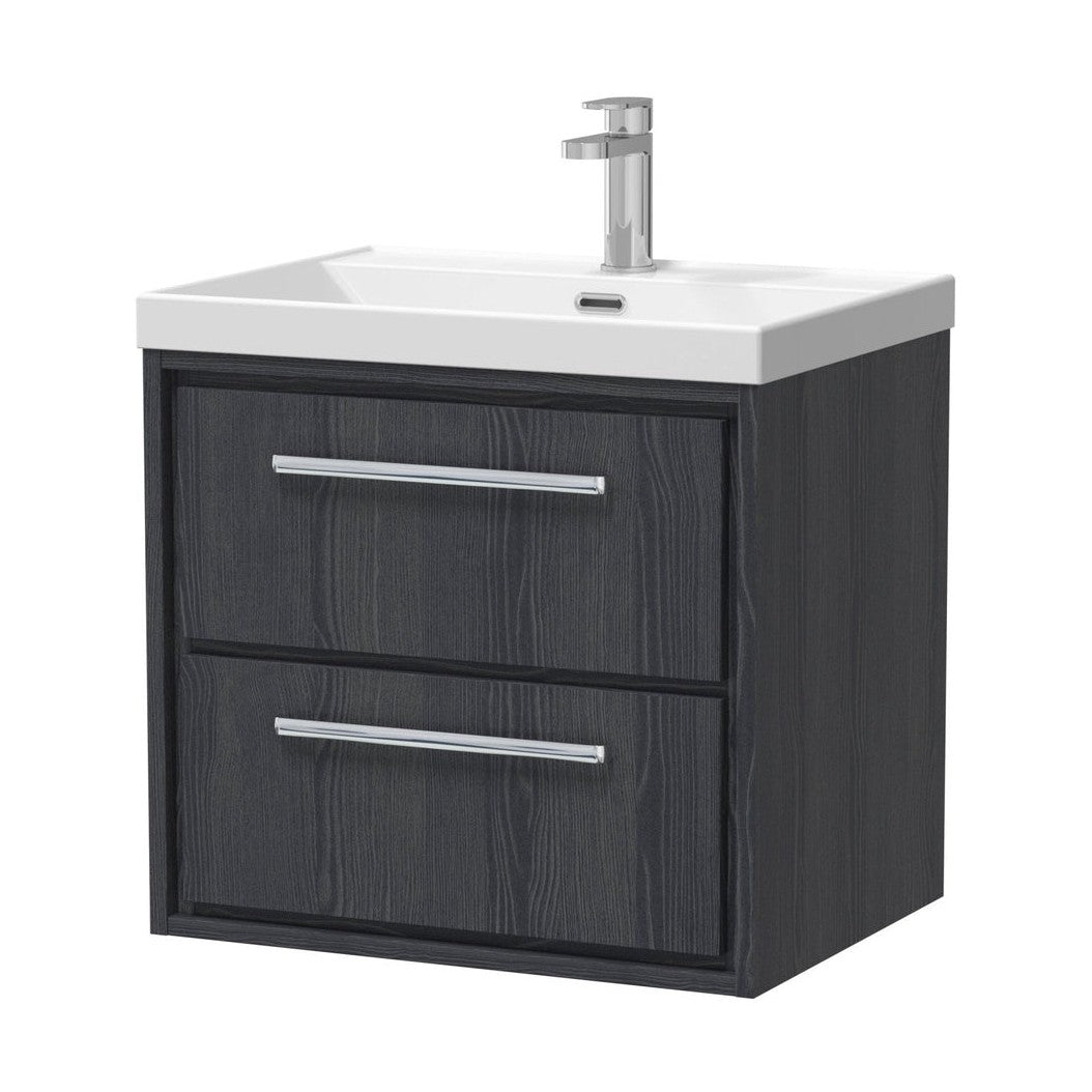 Hudson Reed Lille 600mm Wall Hung 2-drawer Vanity With Basin - 1 Tap Hole Contemp Graphite Grey Woodgrain MFC Textured Woodgrain,vitreous China 589x610x460mm - JJ Building Materials