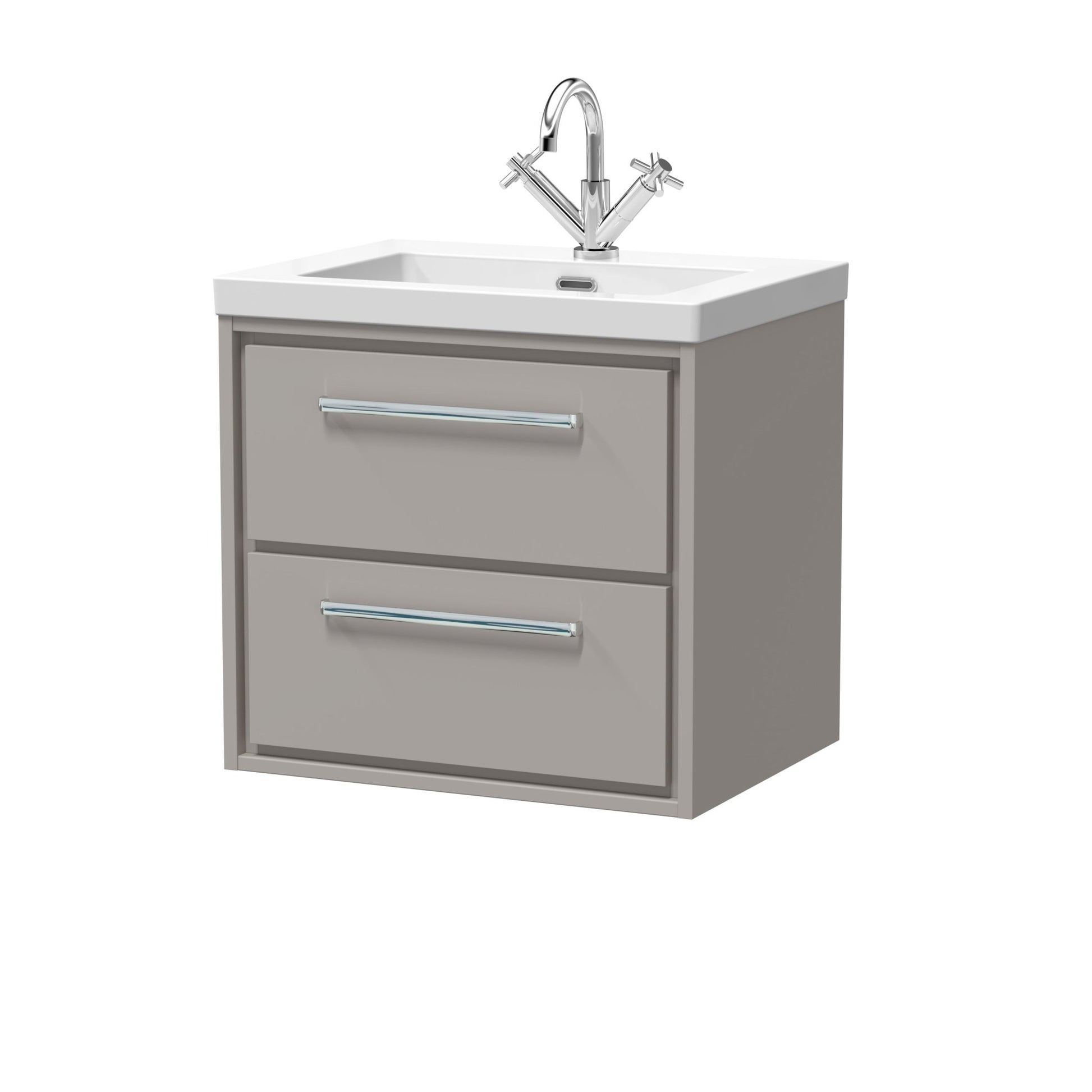 Hudson Reed Lille 600mm Wall Hung 2 - drawer Vanity With Basin - 1 Tap Hole Contemp Pebble Grey Fireclay,MFC Smooth Matt 584x613x462mm - JJ Building Materials