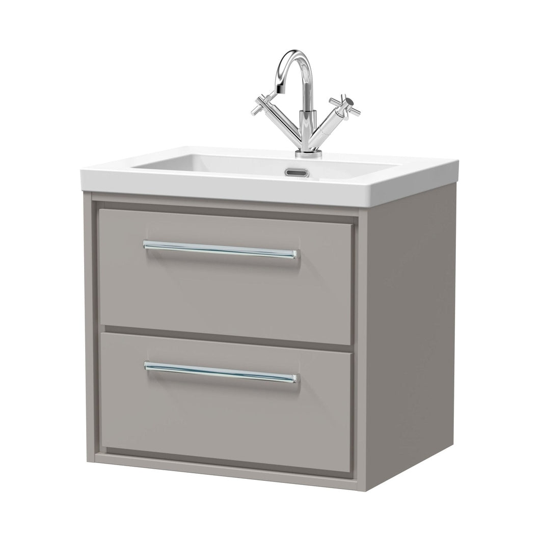 Hudson Reed Lille 600mm Wall Hung 2-drawer Vanity With Basin - 1 Tap Hole Contemp Pebble Grey Fireclay,MFC Smooth Matt 584x613x462mm - JJ Building Materials