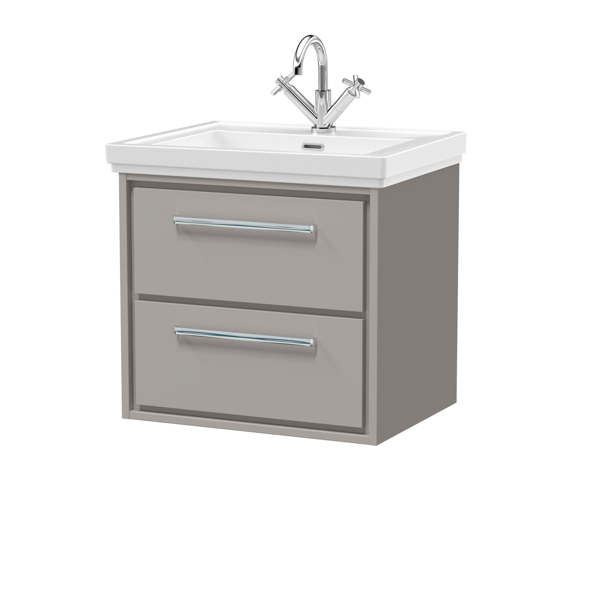Hudson Reed Lille 600mm Wall Hung 2 - drawer Vanity With Basin - 1 Tap Hole Contemp Pebble Grey Fireclay,MFC Smooth Matt 605x630x471mm - JJ Building Materials
