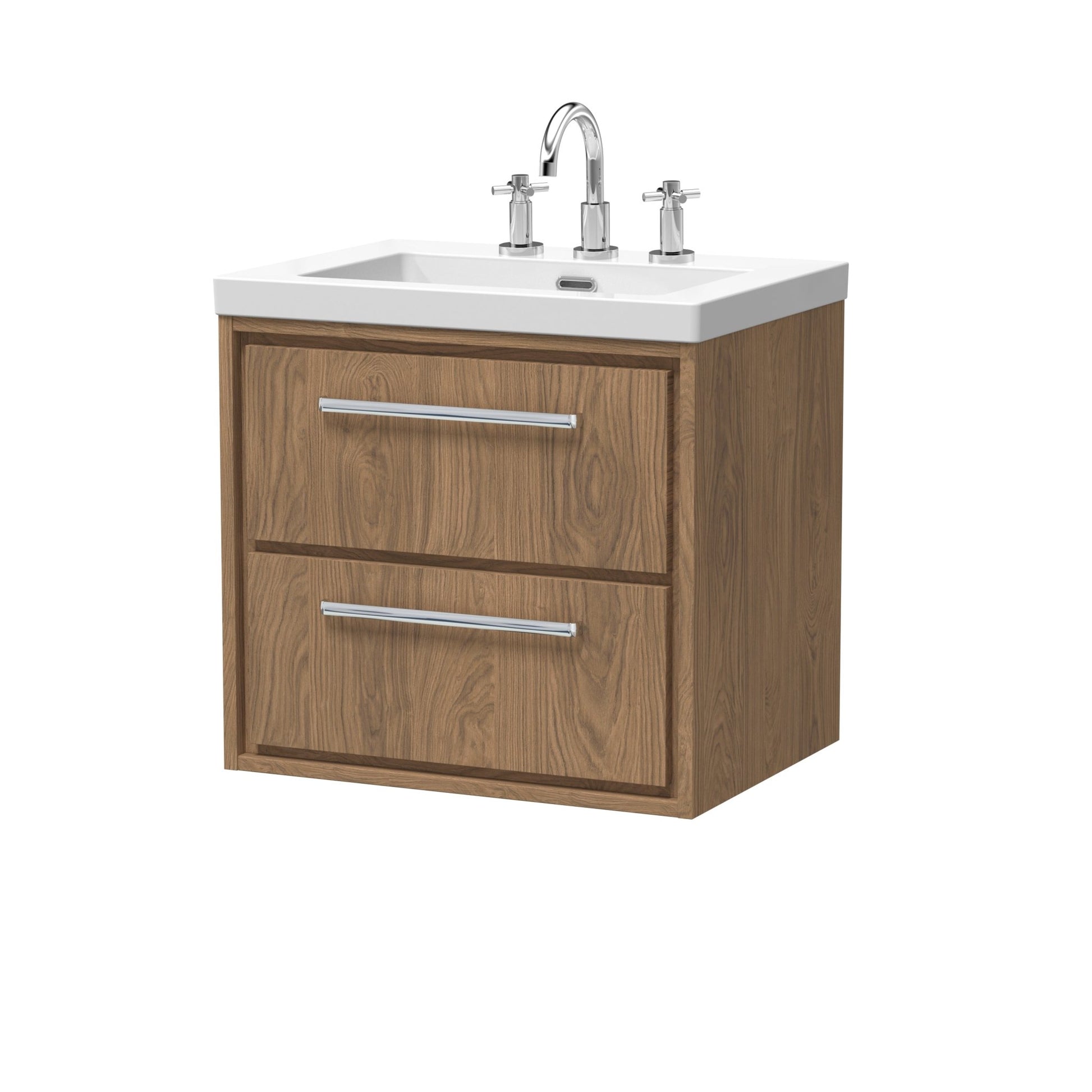 Hudson Reed Lille 600mm Wall Hung 2 - drawer Vanity With Basin - 3 Tap Hole Contemp Antique Oak Fireclay,MFC Textured Woodgrain 584x613x462mm - JJ Building Materials