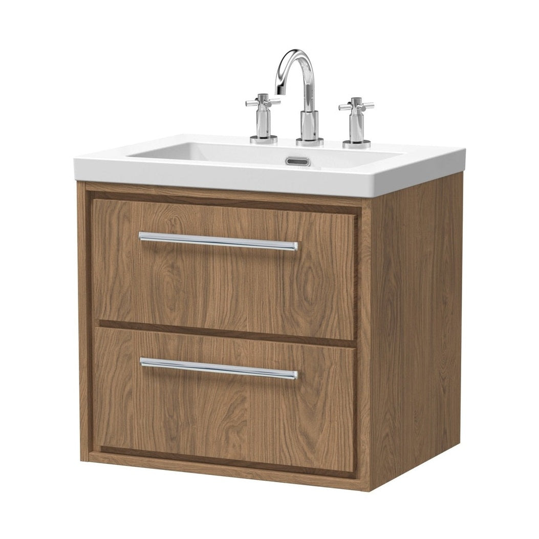 Hudson Reed Lille 600mm Wall Hung 2-drawer Vanity With Basin - 3 Tap Hole Contemp Antique Oak Fireclay,MFC Textured Woodgrain 584x613x462mm - JJ Building Materials