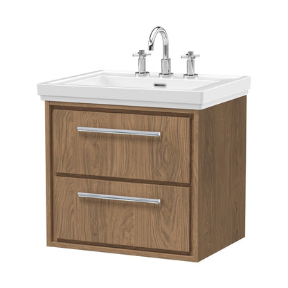 Hudson Reed Lille 600mm Wall Hung 2-drawer Vanity With Basin - 3 Tap Hole Contemp Antique Oak Fireclay,MFC Textured Woodgrain 605x630x471mm - JJ Building Materials