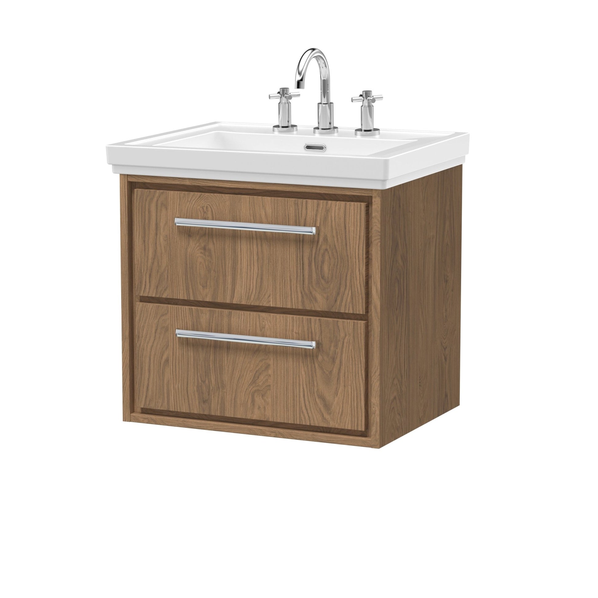 Hudson Reed Lille 600mm Wall Hung 2 - drawer Vanity With Basin - 3 Tap Hole Contemp Antique Oak Fireclay,MFC Textured Woodgrain 605x630x471mm - JJ Building Materials