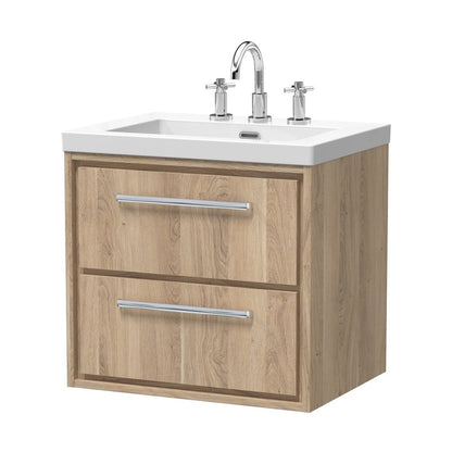Hudson Reed Lille 600mm Wall Hung 2-drawer Vanity With Basin - 3 Tap Hole Contemp Bleached Oak Fireclay,MFC Textured Woodgrain 584x613x462mm - JJ Building Materials