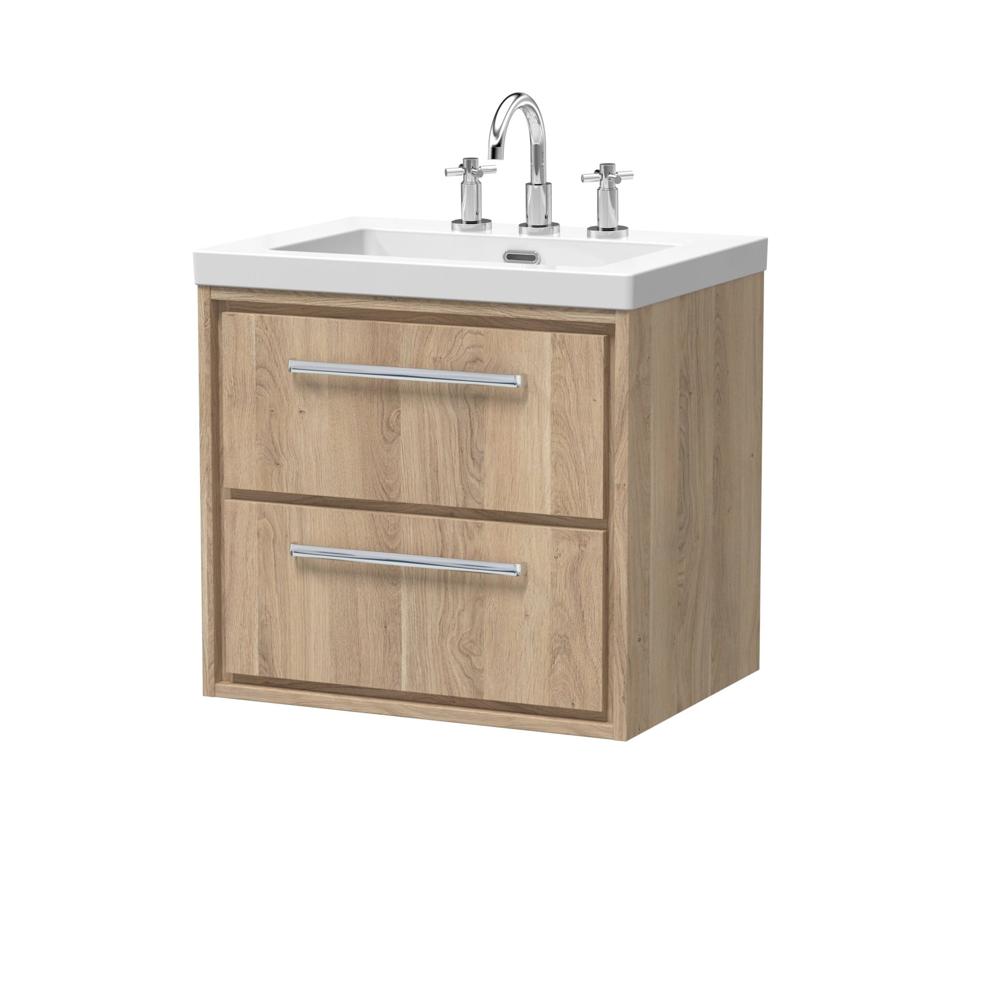 Hudson Reed Lille 600mm Wall Hung 2 - drawer Vanity With Basin - 3 Tap Hole Contemp Bleached Oak Fireclay,MFC Textured Woodgrain 584x613x462mm - JJ Building Materials