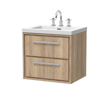 Hudson Reed Lille 600mm Wall Hung 2 - drawer Vanity With Basin - 3 Tap Hole Contemp Bleached Oak Fireclay,MFC Textured Woodgrain 584x613x462mm - JJ Building Materials