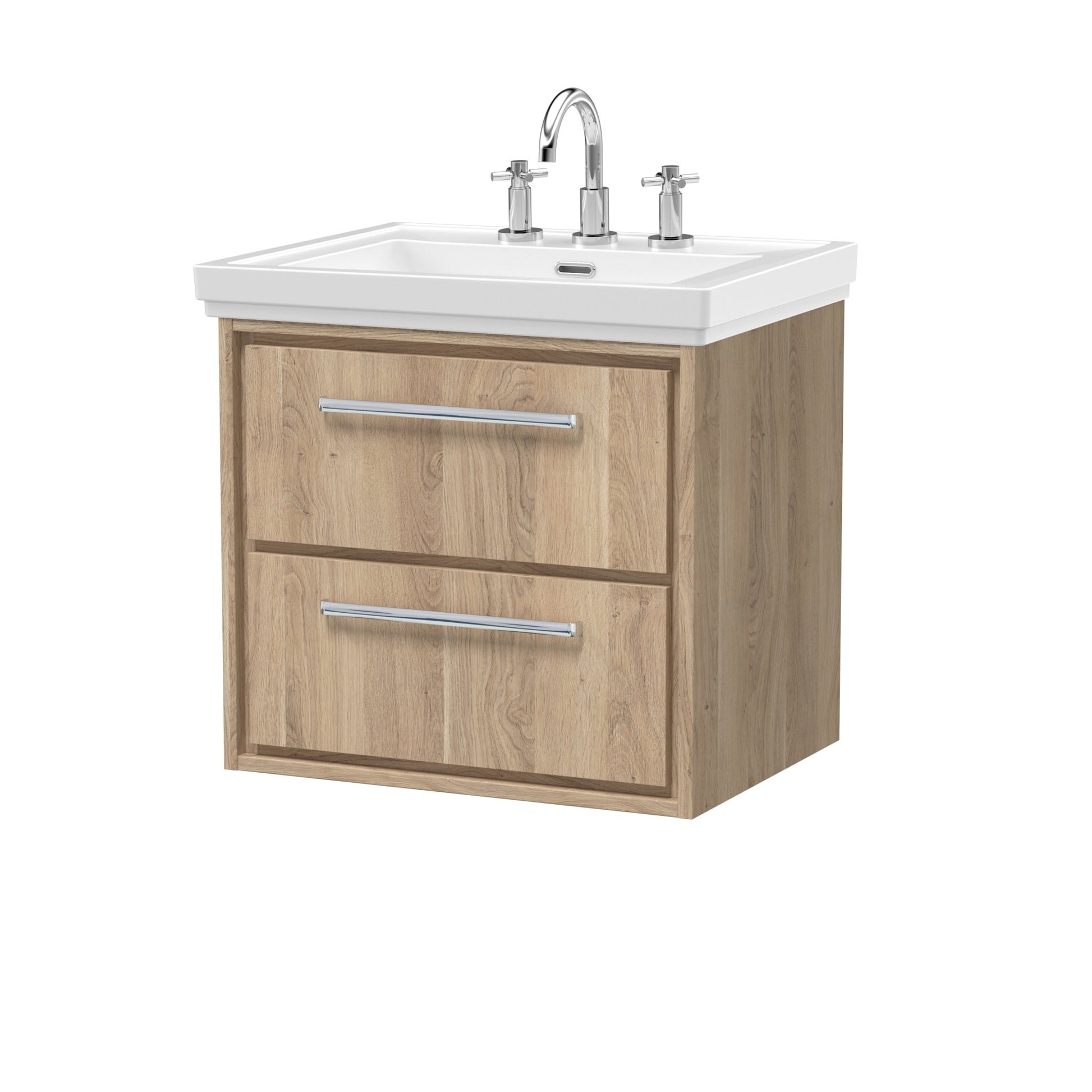 Hudson Reed Lille 600mm Wall Hung 2 - drawer Vanity With Basin - 3 Tap Hole Contemp Bleached Oak Fireclay,MFC Textured Woodgrain 605x630x471mm - JJ Building Materials