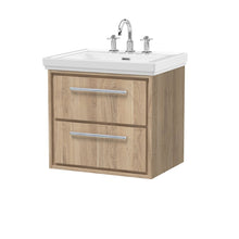 Hudson Reed Lille 600mm Wall Hung 2 - drawer Vanity With Basin - 3 Tap Hole Contemp Bleached Oak Fireclay,MFC Textured Woodgrain 605x630x471mm - JJ Building Materials