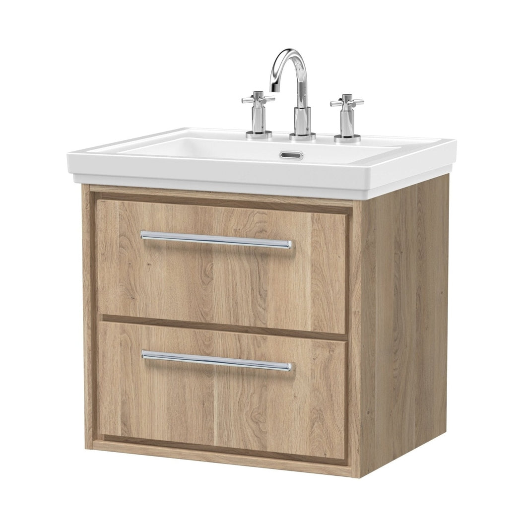 Hudson Reed Lille 600mm Wall Hung 2-drawer Vanity With Basin - 3 Tap Hole Contemp Bleached Oak Fireclay,MFC Textured Woodgrain 605x630x471mm - JJ Building Materials