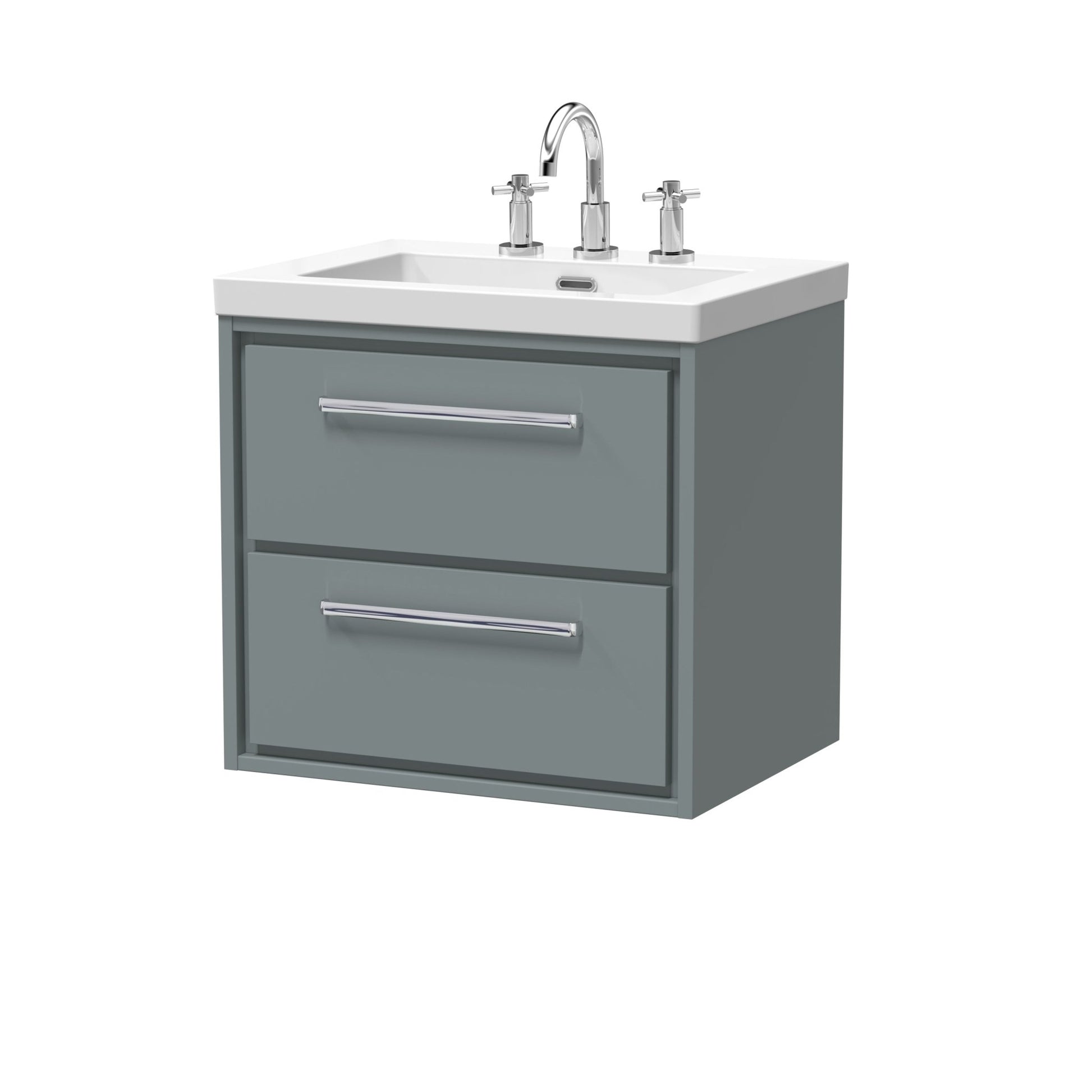 Hudson Reed Lille 600mm Wall Hung 2 - drawer Vanity With Basin - 3 Tap Hole Contemp Coastal Grey Fireclay,MFC Smooth Matt 584x613x462mm - JJ Building Materials
