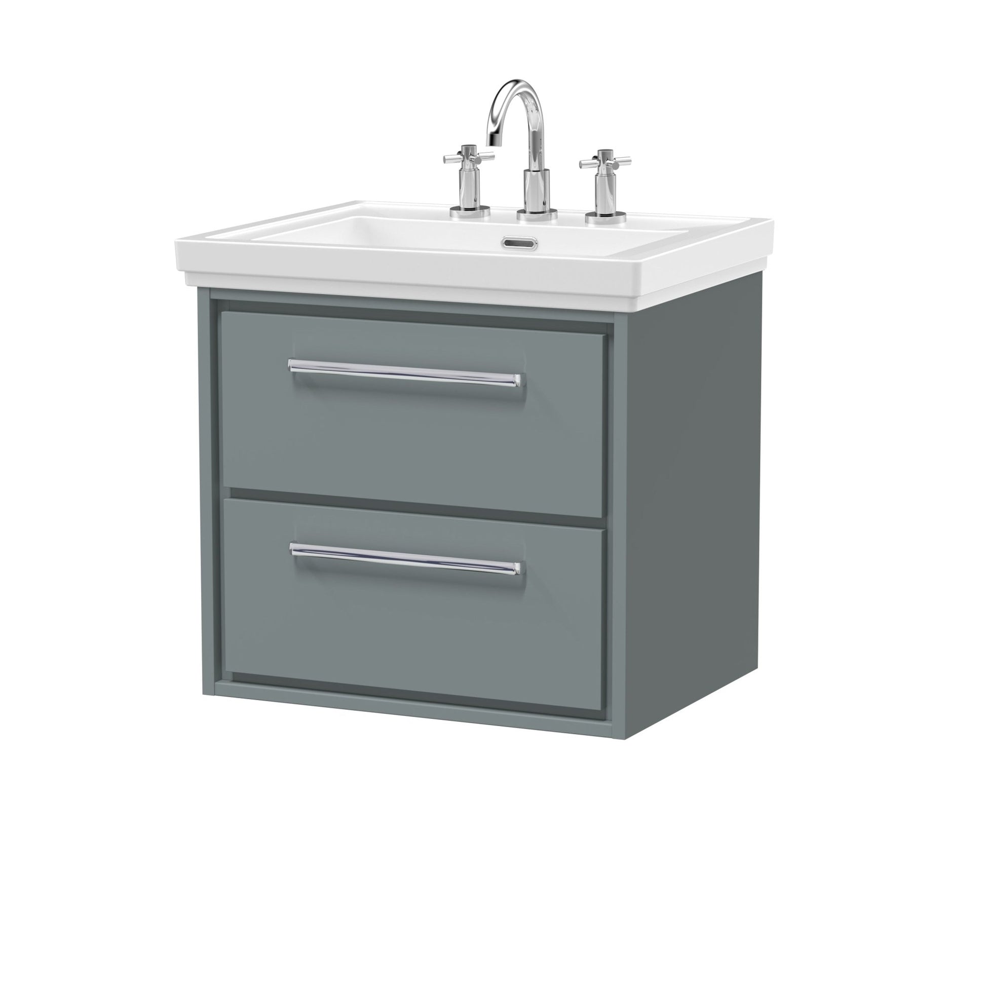 Hudson Reed Lille 600mm Wall Hung 2 - drawer Vanity With Basin - 3 Tap Hole Contemp Coastal Grey Fireclay,MFC Smooth Matt 605x630x471mm - JJ Building Materials