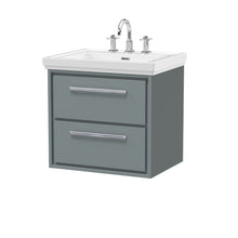 Hudson Reed Lille 600mm Wall Hung 2 - drawer Vanity With Basin - 3 Tap Hole Contemp Coastal Grey Fireclay,MFC Smooth Matt 605x630x471mm - JJ Building Materials