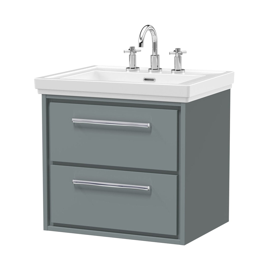 Hudson Reed Lille 600mm Wall Hung 2-drawer Vanity With Basin - 3 Tap Hole Contemp Coastal Grey Fireclay,MFC Smooth Matt 605x630x471mm - JJ Building Materials