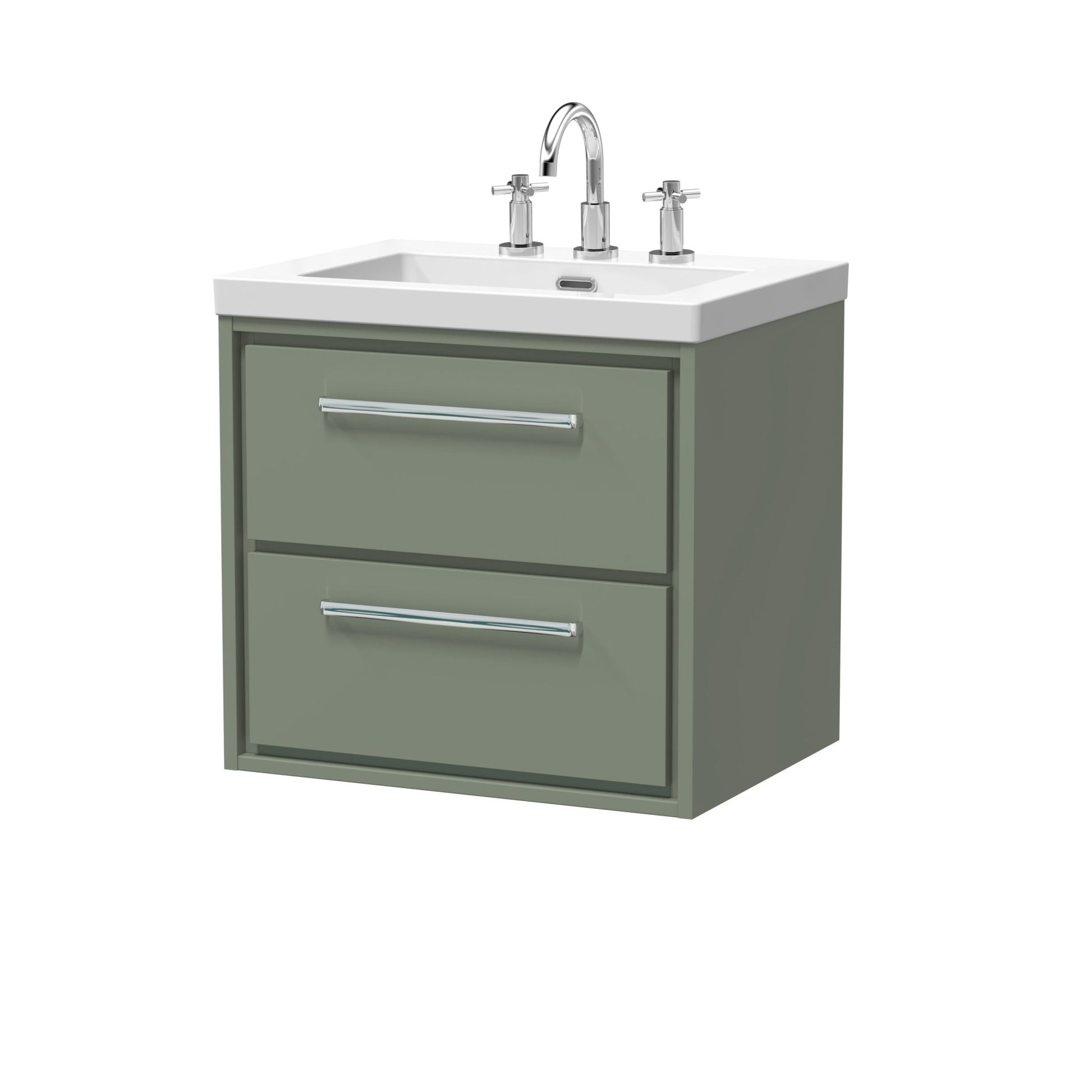 Hudson Reed Lille 600mm Wall Hung 2 - drawer Vanity With Basin - 3 Tap Hole Contemp Fern Green Fireclay,MFC Smooth Matt 584x613x462mm - JJ Building Materials