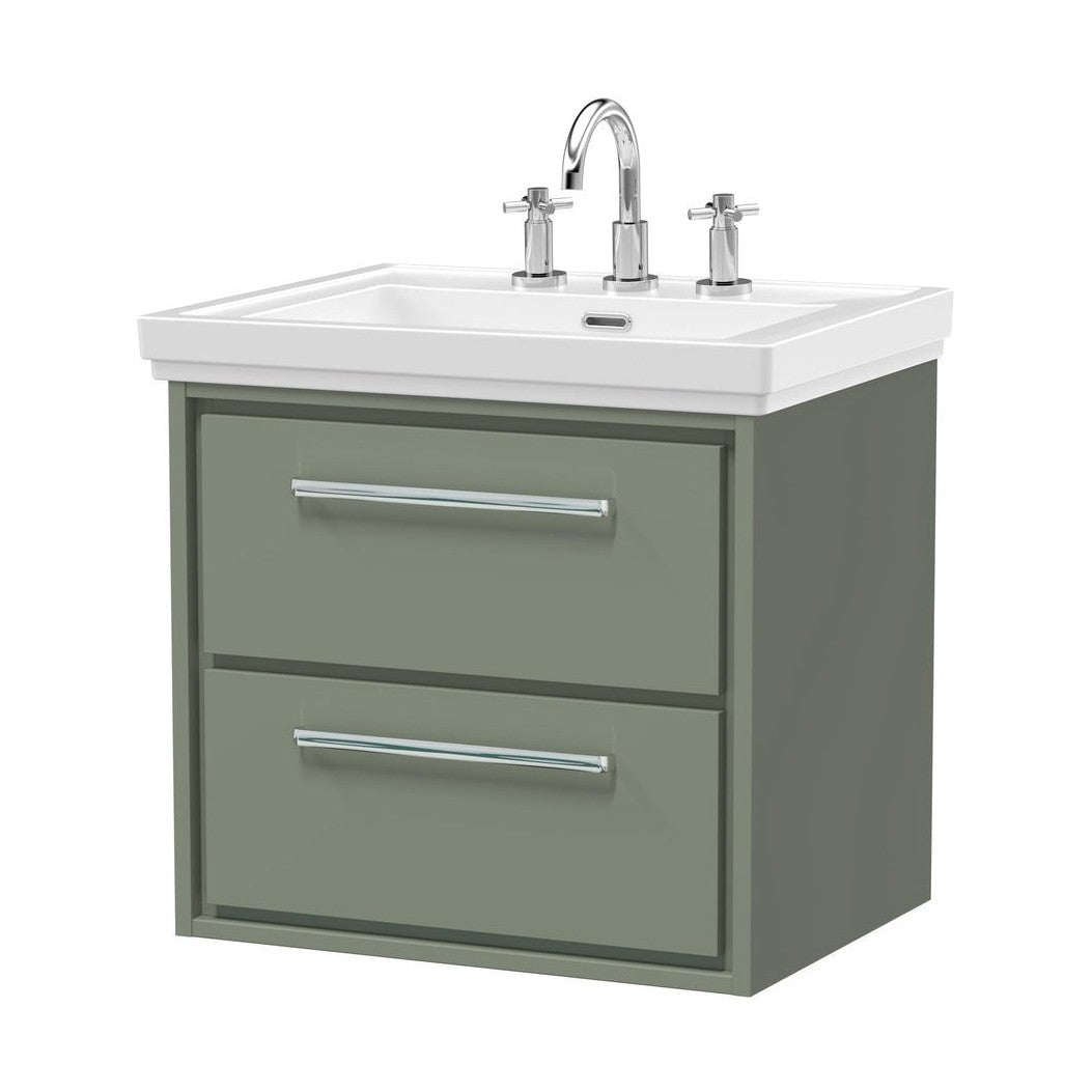 Hudson Reed Lille 600mm Wall Hung 2-drawer Vanity With Basin - 3 Tap Hole Contemp Fern Green Fireclay,MFC Smooth Matt 605x630x471mm - JJ Building Materials