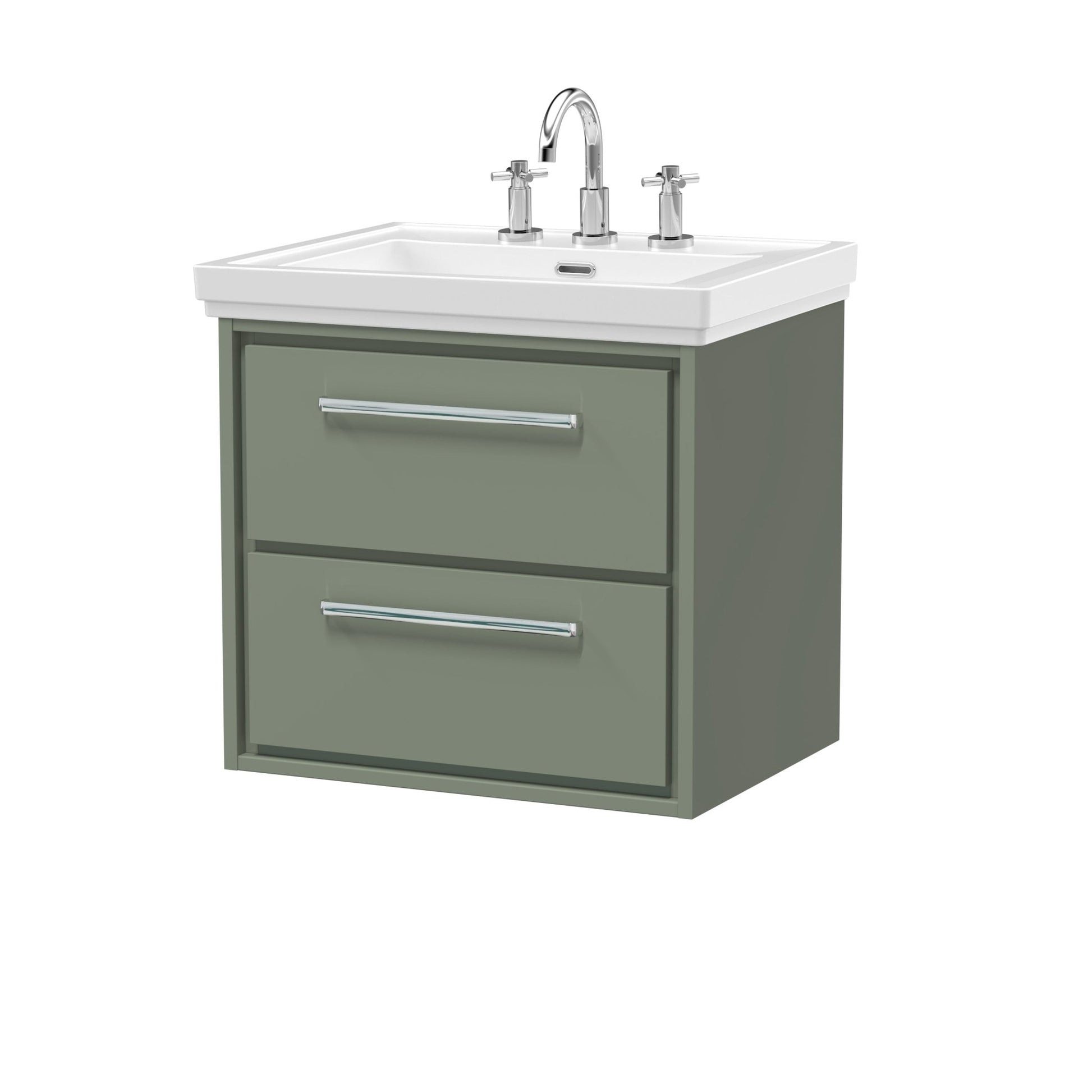 Hudson Reed Lille 600mm Wall Hung 2 - drawer Vanity With Basin - 3 Tap Hole Contemp Fern Green Fireclay,MFC Smooth Matt 605x630x471mm - JJ Building Materials