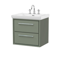 Hudson Reed Lille 600mm Wall Hung 2 - drawer Vanity With Basin - 3 Tap Hole Contemp Fern Green Fireclay,MFC Smooth Matt 605x630x471mm - JJ Building Materials