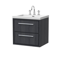 Hudson Reed Lille 600mm Wall Hung 2 - drawer Vanity With Basin - 3 Tap Hole Contemp Graphite Grey Woodgrain Fireclay,MFC Textured Woodgrain 584x613x462mm - JJ Building Materials