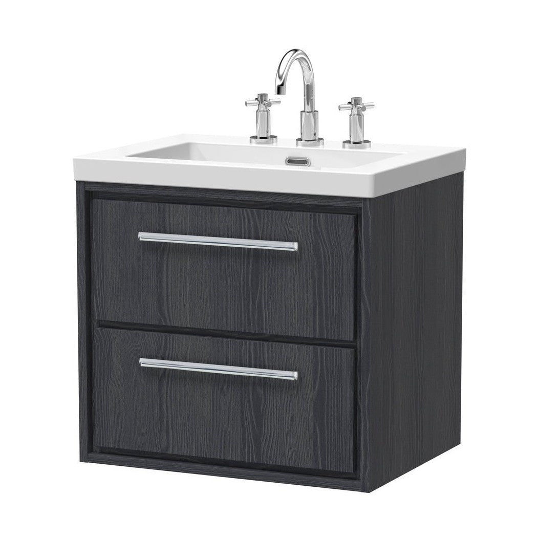 Hudson Reed Lille 600mm Wall Hung 2-drawer Vanity With Basin - 3 Tap Hole Contemp Graphite Grey Woodgrain Fireclay,MFC Textured Woodgrain 584x613x462mm - JJ Building Materials