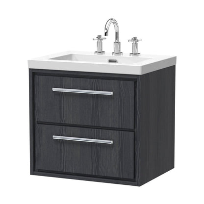 Hudson Reed Lille 600mm Wall Hung 2-drawer Vanity With Basin - 3 Tap Hole Contemp Graphite Grey Woodgrain Fireclay,MFC Textured Woodgrain 584x613x462mm - JJ Building Materials