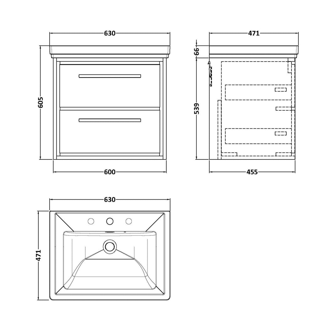 Hudson Reed Lille 600mm Wall Hung 2-drawer Vanity With Basin - 3 Tap Hole Contemp Graphite Grey Woodgrain Fireclay,MFC Textured Woodgrain 605x630x471mm - JJ Building Materials