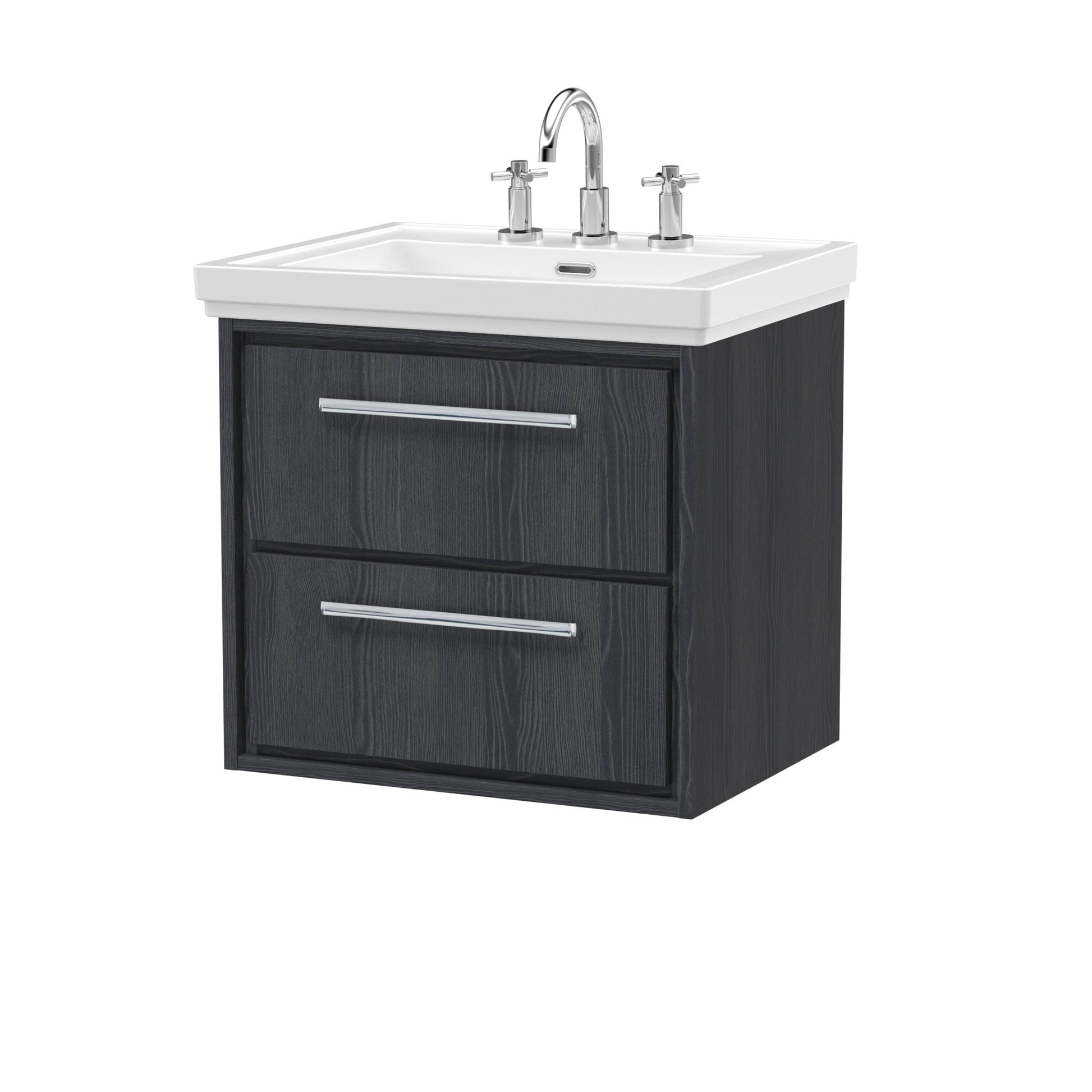 Hudson Reed Lille 600mm Wall Hung 2 - drawer Vanity With Basin - 3 Tap Hole Contemp Graphite Grey Woodgrain Fireclay,MFC Textured Woodgrain 605x630x471mm - JJ Building Materials