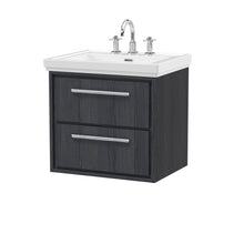 Hudson Reed Lille 600mm Wall Hung 2 - drawer Vanity With Basin - 3 Tap Hole Contemp Graphite Grey Woodgrain Fireclay,MFC Textured Woodgrain 605x630x471mm - JJ Building Materials