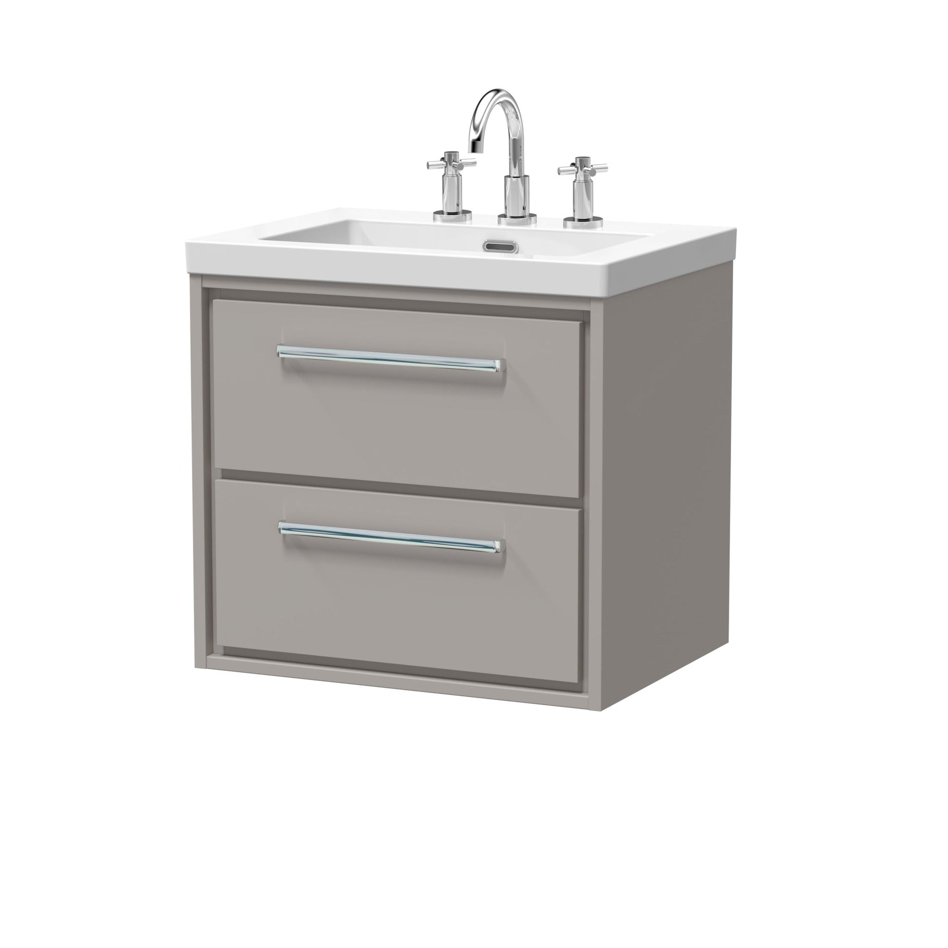 Hudson Reed Lille 600mm Wall Hung 2 - drawer Vanity With Basin - 3 Tap Hole Contemp Pebble Grey Fireclay,MFC Smooth Matt 584x613x462mm - JJ Building Materials