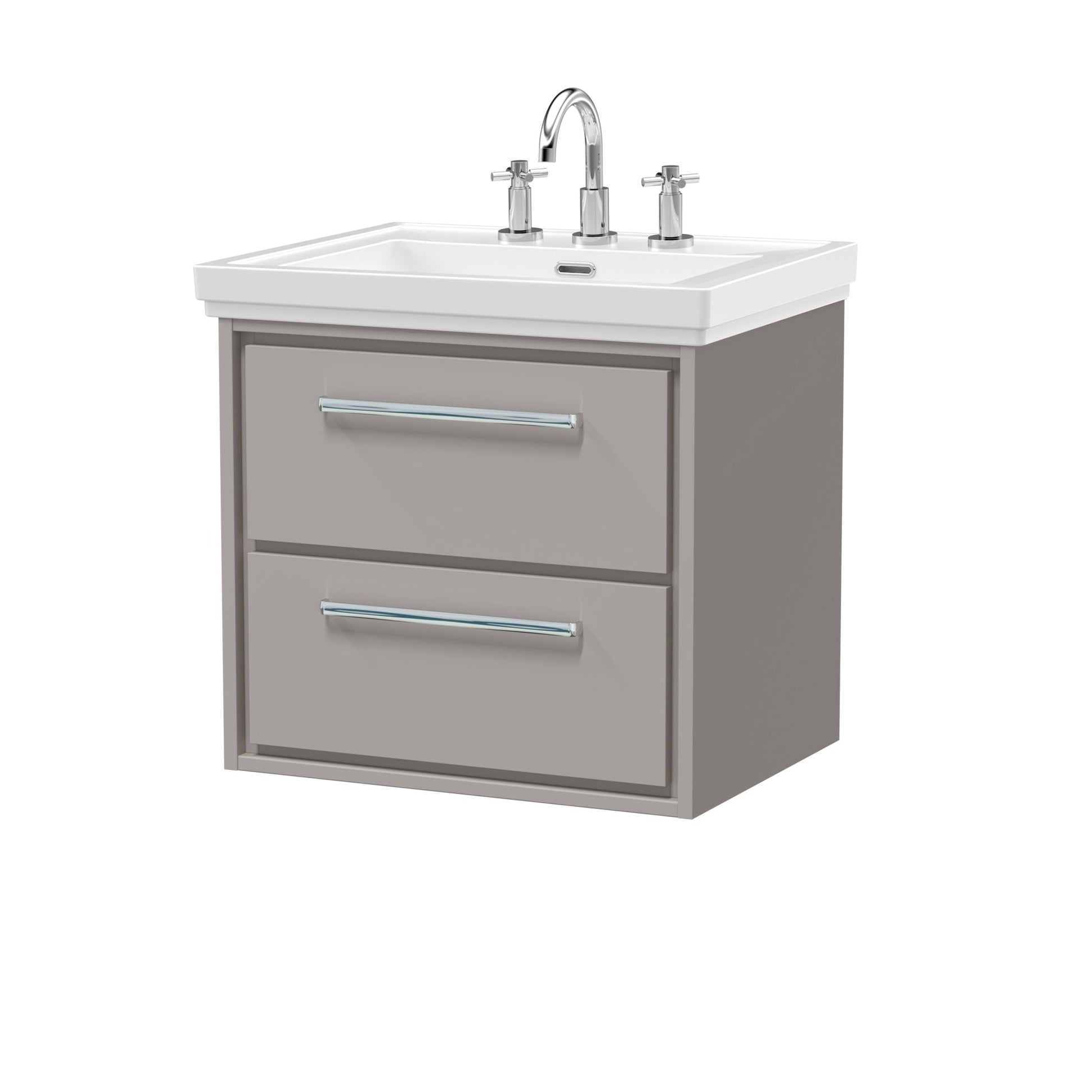 Hudson Reed Lille 600mm Wall Hung 2 - drawer Vanity With Basin - 3 Tap Hole Contemp Pebble Grey Fireclay,MFC Smooth Matt 605x630x471mm - JJ Building Materials