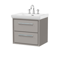 Hudson Reed Lille 600mm Wall Hung 2 - drawer Vanity With Basin - 3 Tap Hole Contemp Pebble Grey Fireclay,MFC Smooth Matt 605x630x471mm - JJ Building Materials